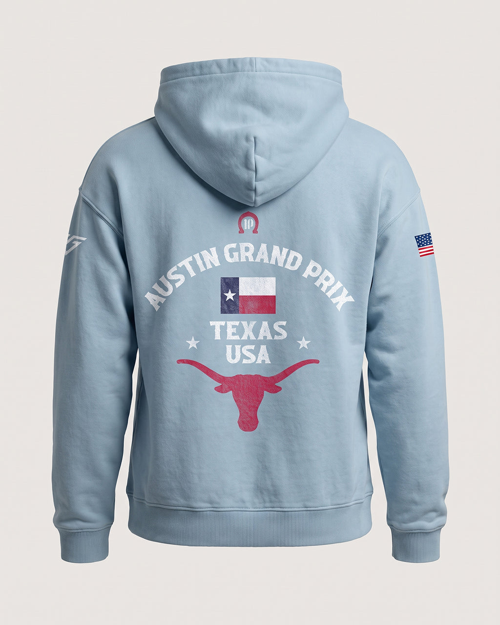 Pierre Gasly Austin Hoodie in blue, back view with the Austin Grand Prix Texas USA print and longhorn