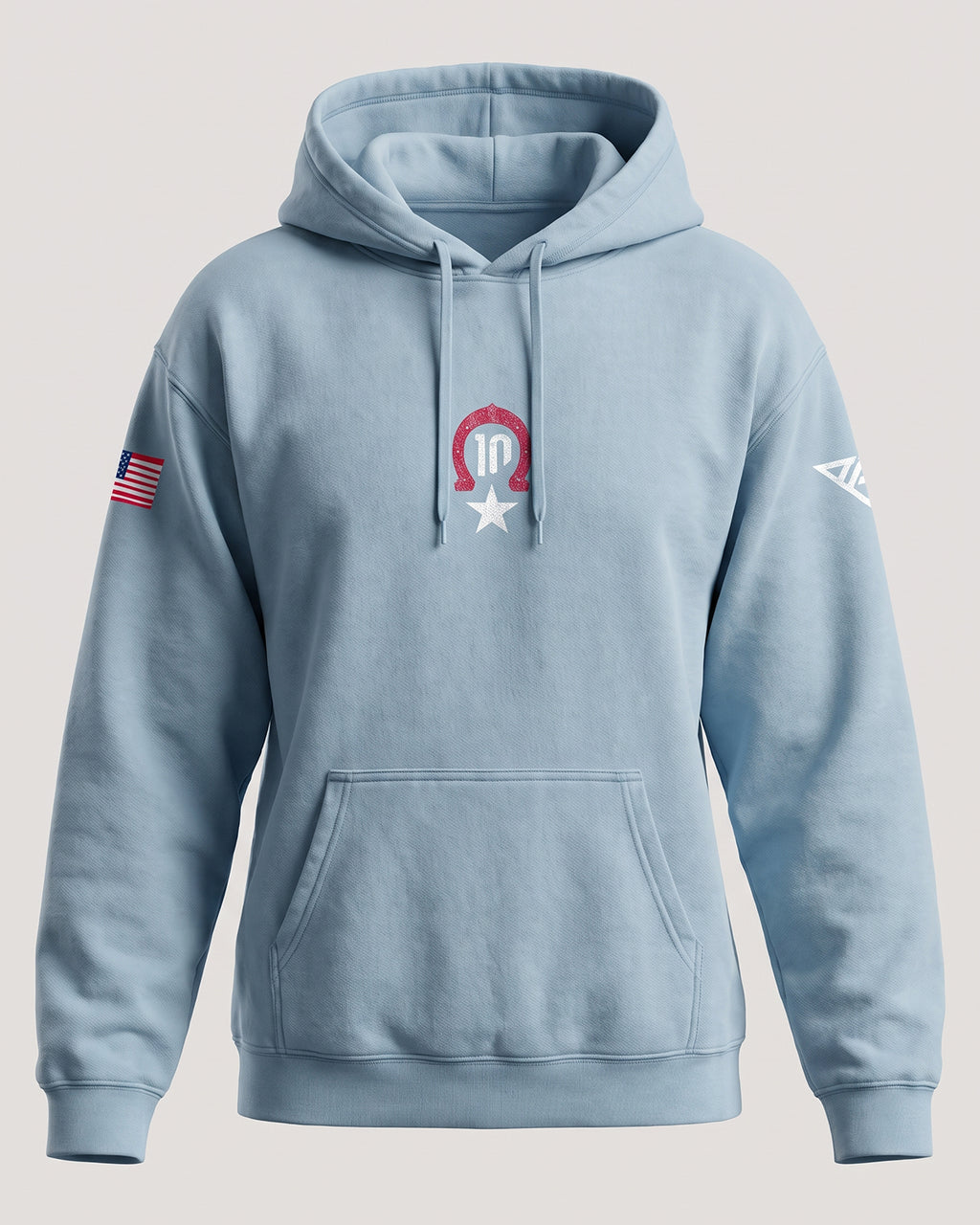 Pierre Gasly Austin Hoodie in blue, front view with the number 10 horseshoe logo