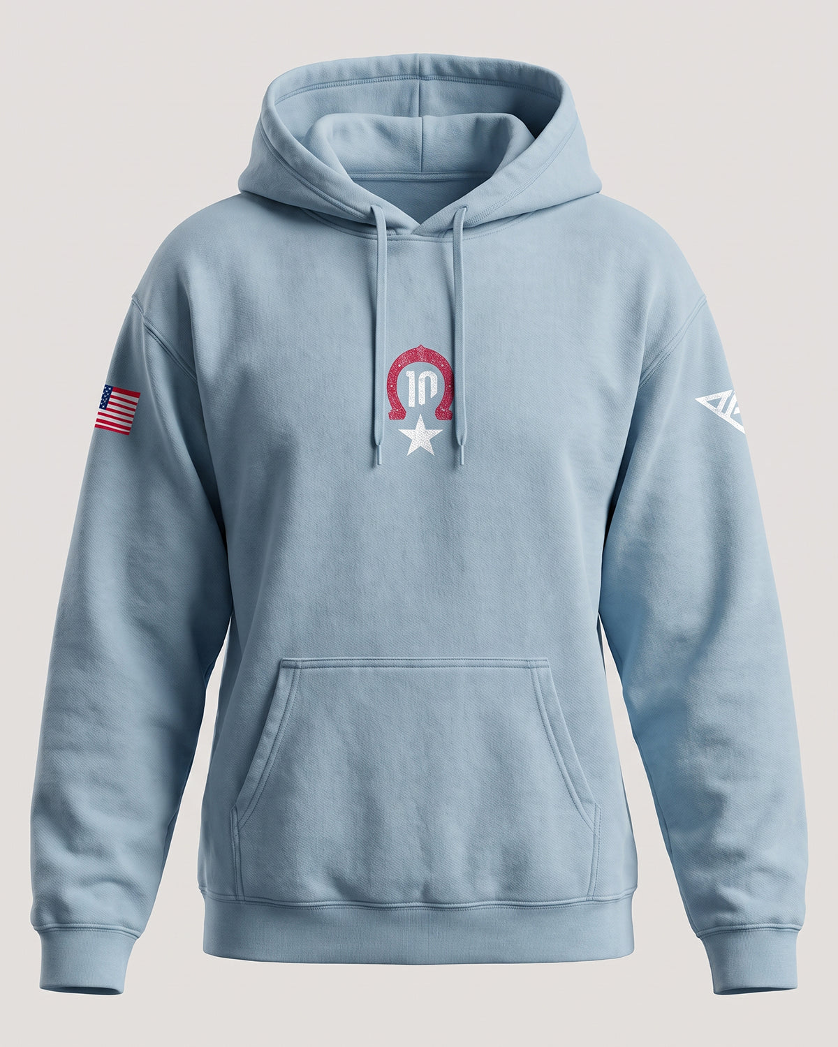 Pierre Gasly Austin Hoodie in blue, front view with the number 10 horseshoe logo