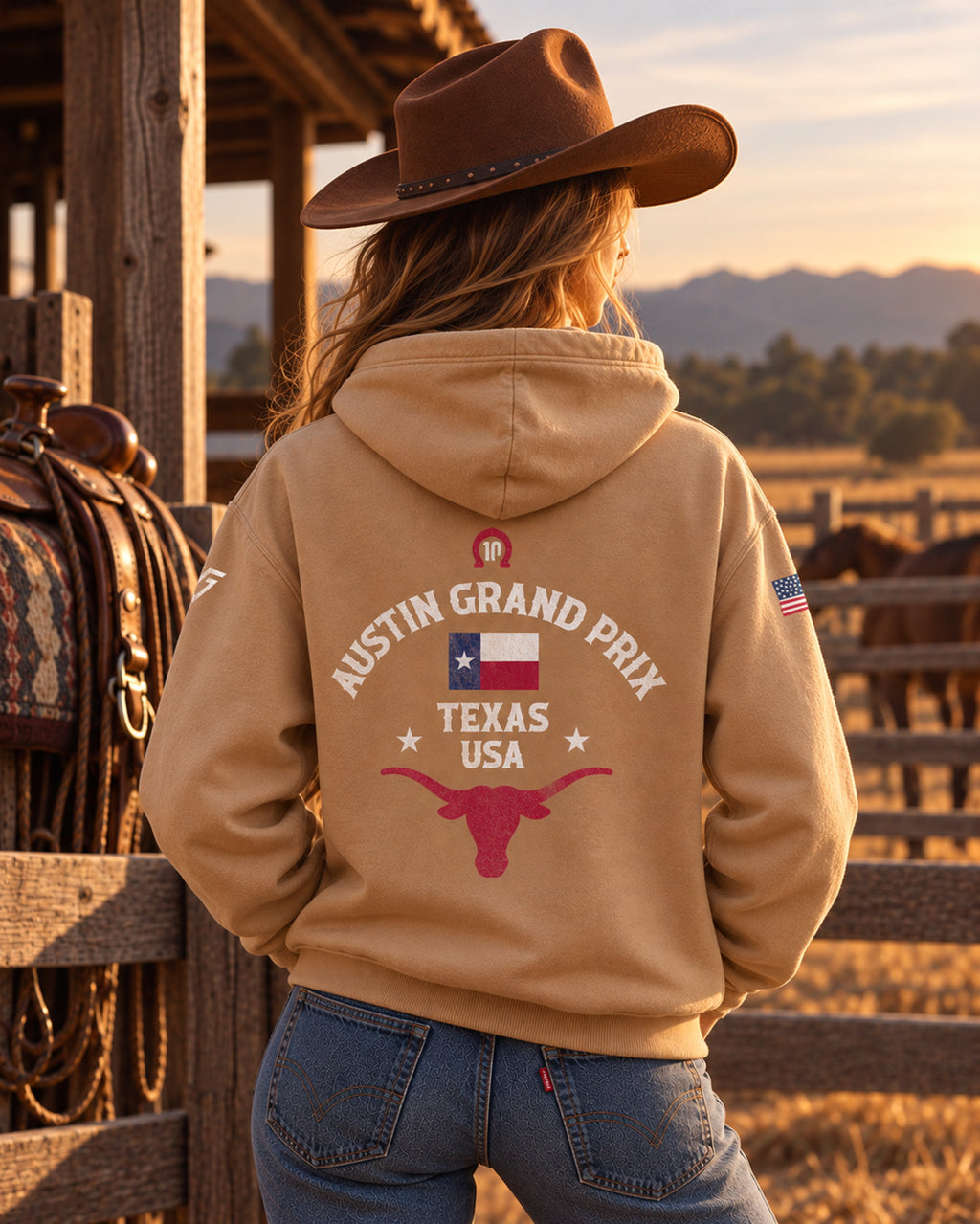 Woman in a cowboy hat wearing the sand Pierre Gasly Austin Hoodie, back print Austin Grand Prix Texas USA