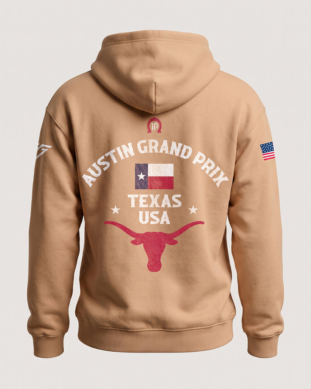 Pierre Gasly Austin Hoodie in sand, back view with the Austin Grand Prix Texas USA print and longhorn