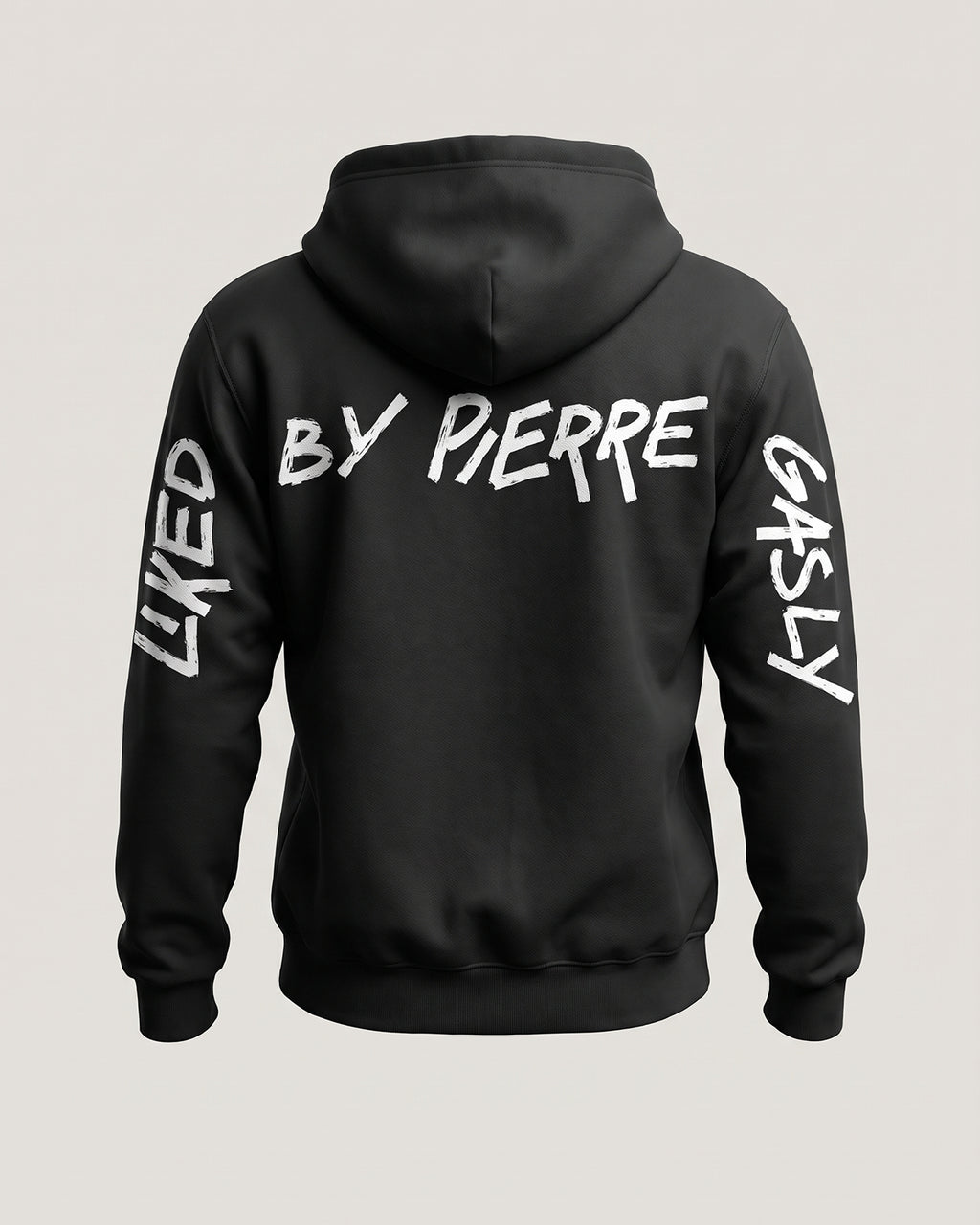 Black Liked by Pierre Gasly hoodie, front view with the small TEAM GASLY logo on the chest