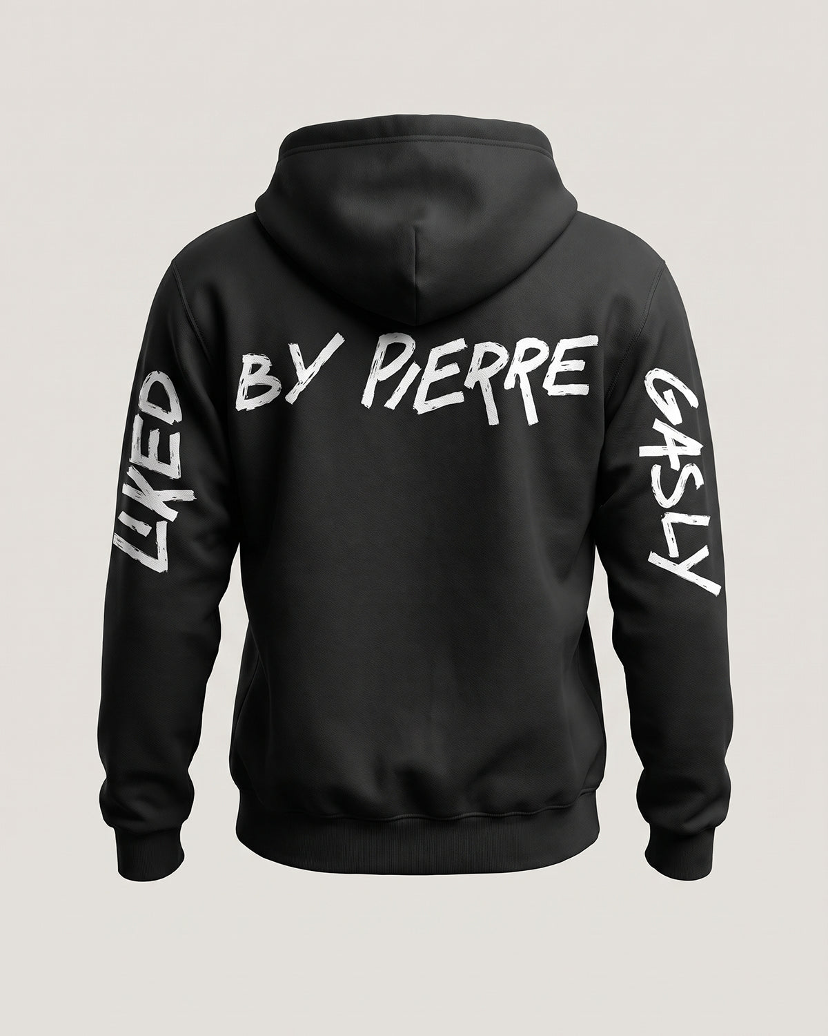 Black Liked by Pierre Gasly hoodie, front view with the small TEAM GASLY logo on the chest