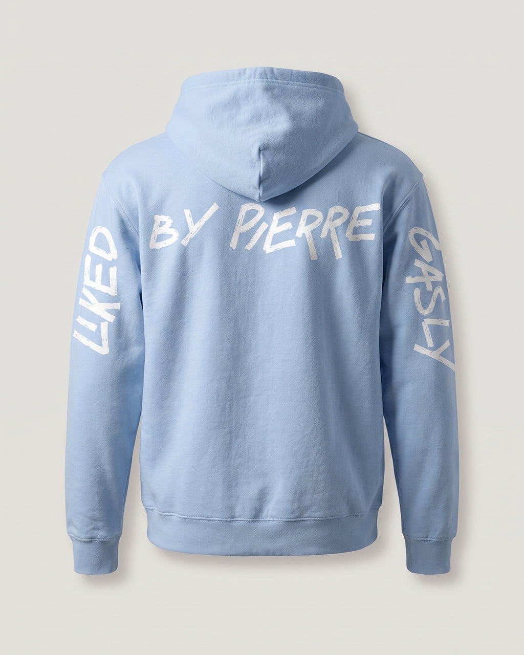 Light blue Liked by Pierre Gasly hoodie, back view with LIKED down one sleeve, BY PIERRE across the back and GASLY down the other