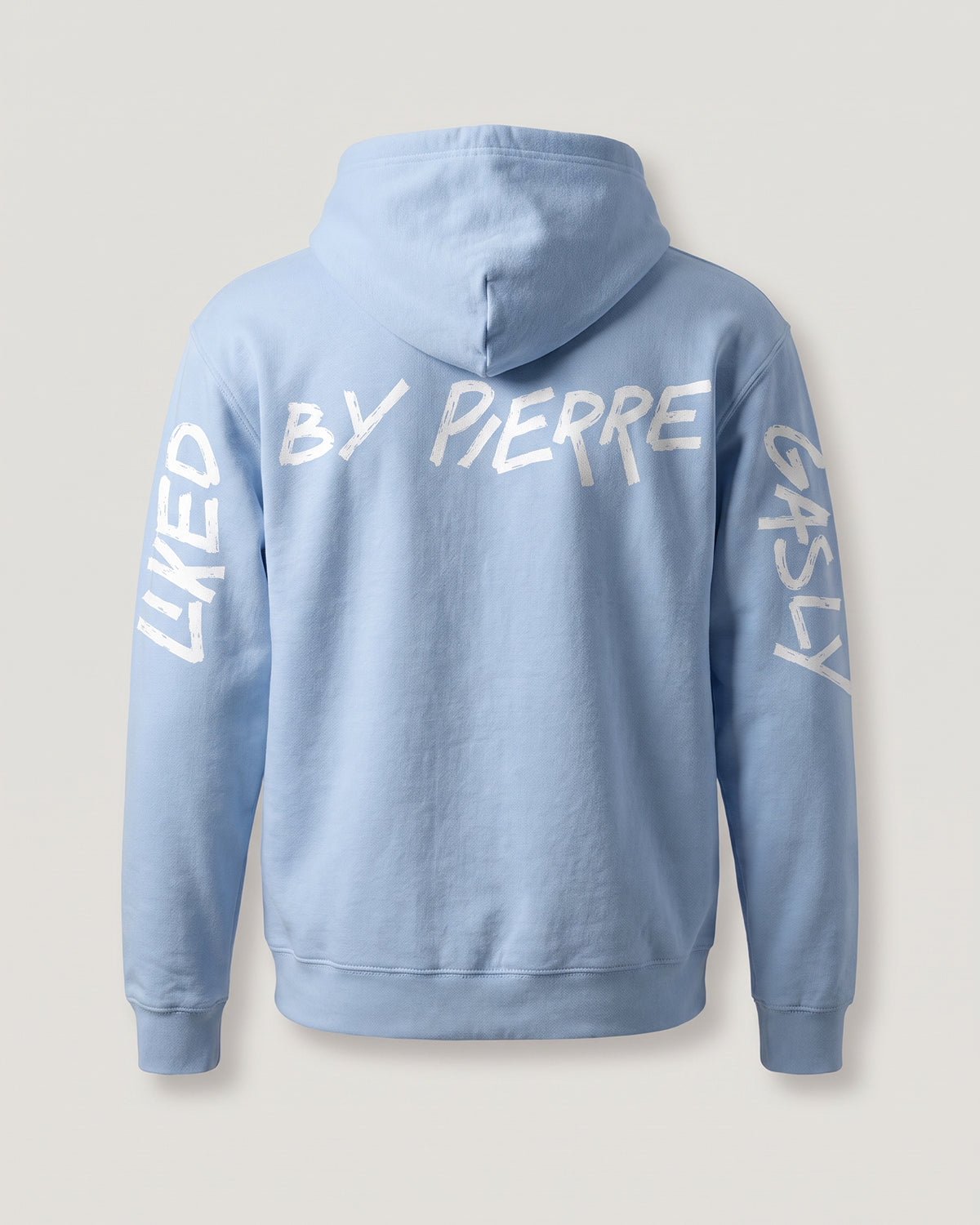 Light blue Liked by Pierre Gasly hoodie, back view with LIKED down one sleeve, BY PIERRE across the back and GASLY down the other