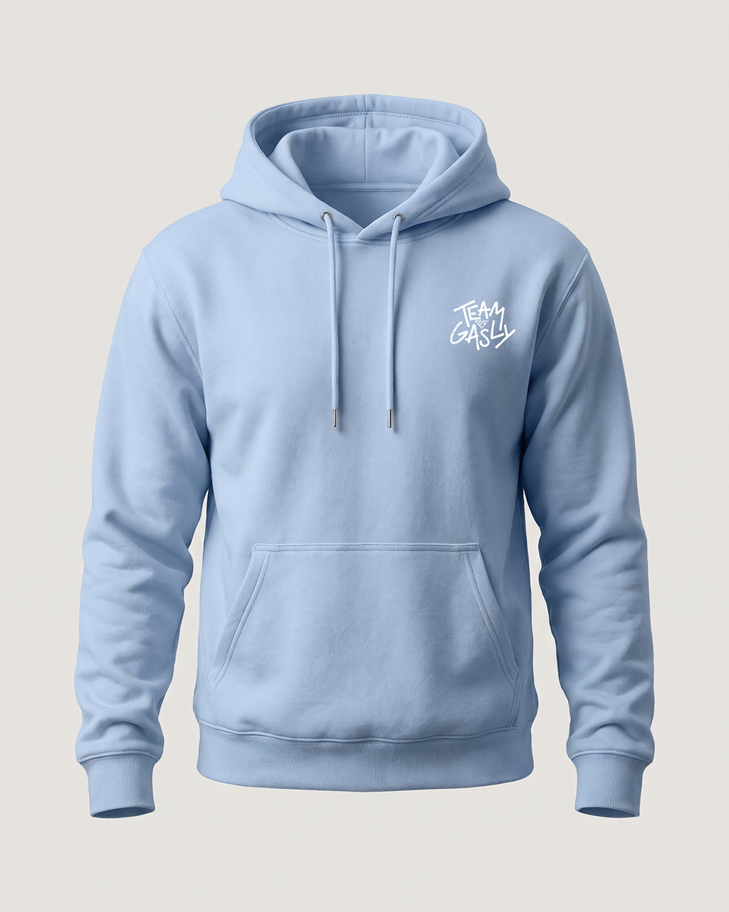 Light blue Liked by Pierre Gasly hoodie, front view with the small TEAM GASLY logo on the chest