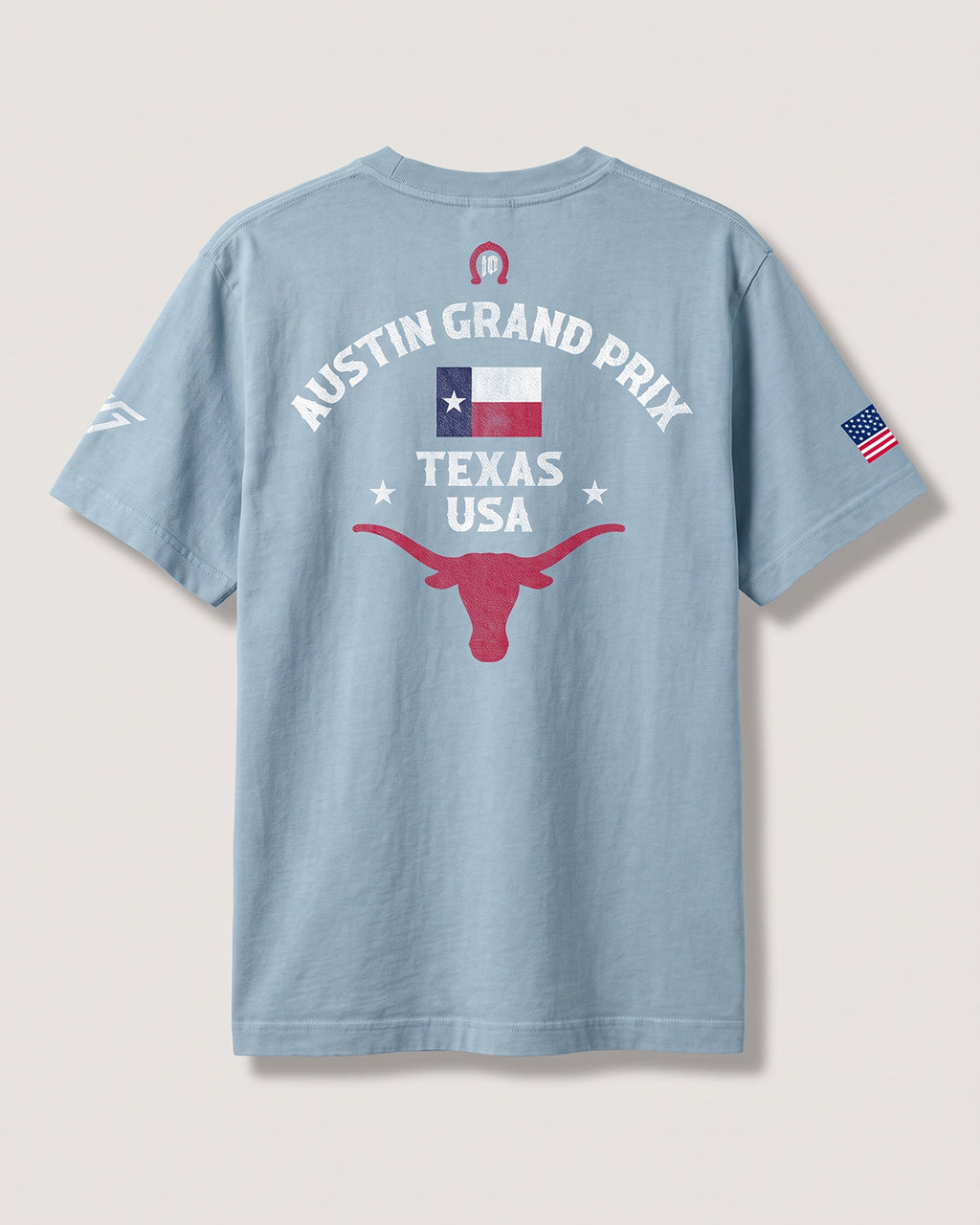 Pierre Gasly Austin Tee in blue, back view with the Austin Grand Prix Texas USA print and longhorn