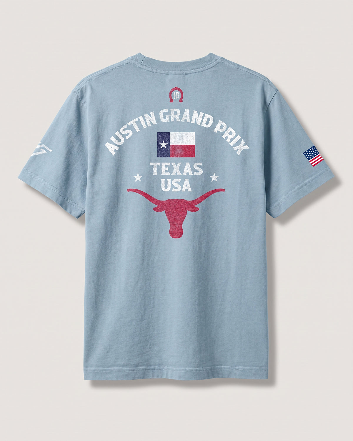 Pierre Gasly Austin Tee in blue, back view with the Austin Grand Prix Texas USA print and longhorn