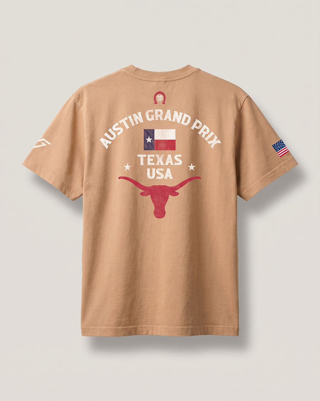 Pierre Gasly Austin Tee in sand, back view with the Austin Grand Prix Texas USA print and longhorn