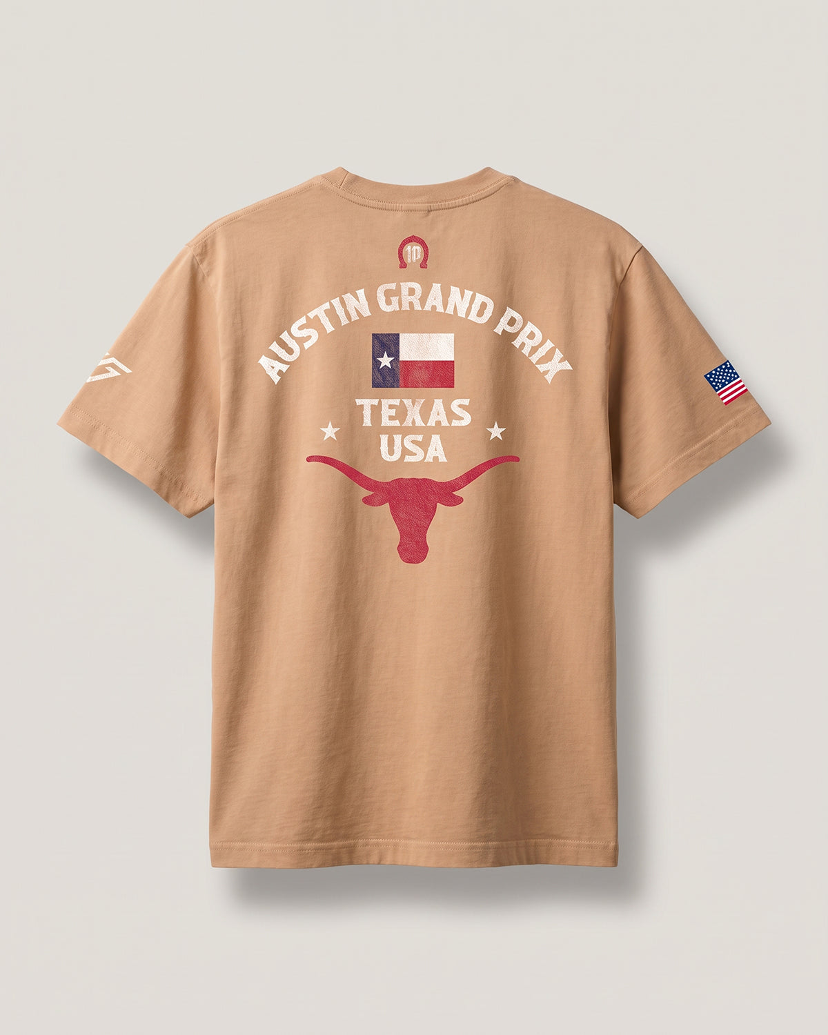 Pierre Gasly Austin Tee in sand, back view with the Austin Grand Prix Texas USA print and longhorn