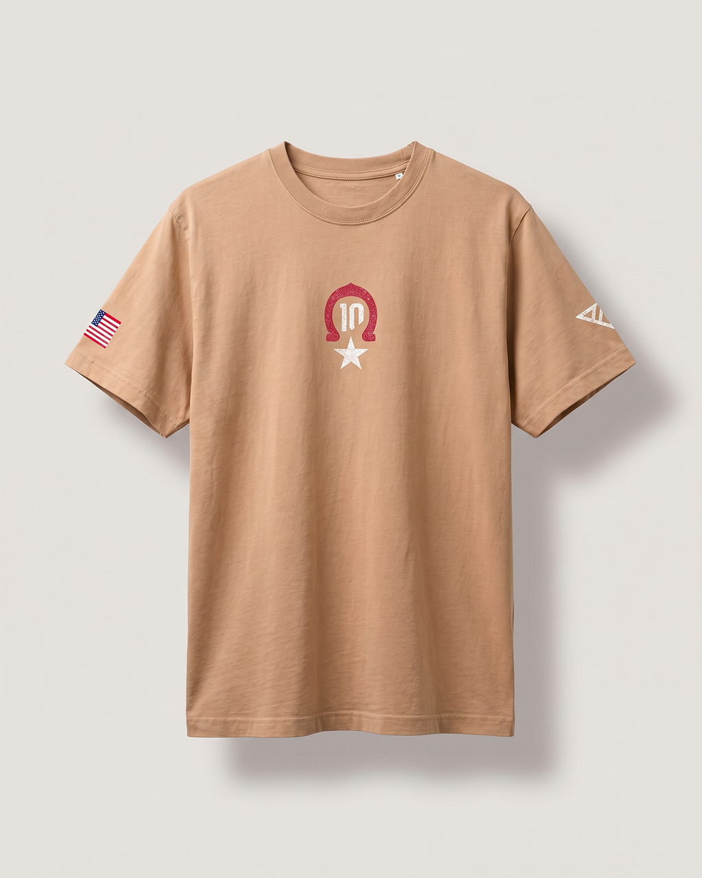 Pierre Gasly Austin Tee in sand, front view with the number 10 horseshoe logo