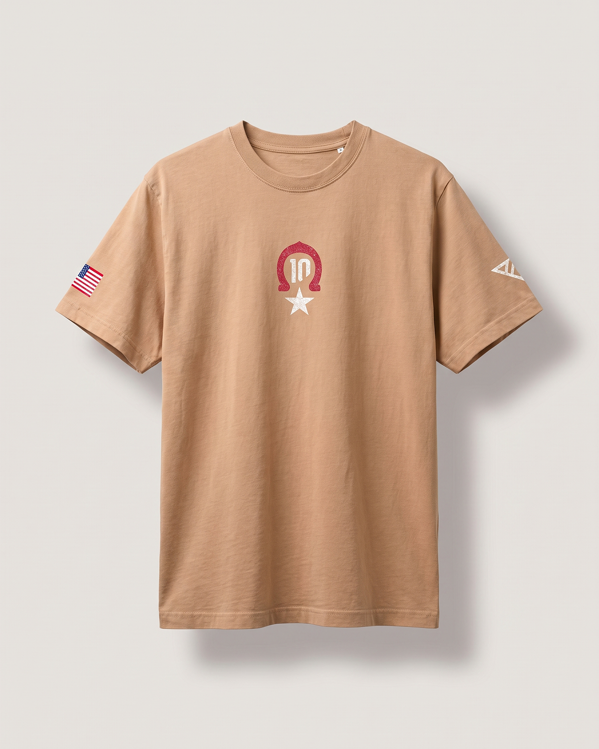 Pierre Gasly Austin Tee in sand, front view with the number 10 horseshoe logo