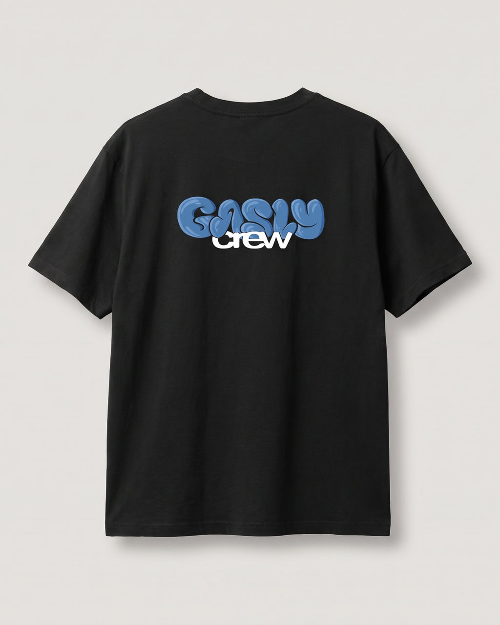 Black Gasly Crew tee, back view with the large blue bubble-letter GASLY crew print