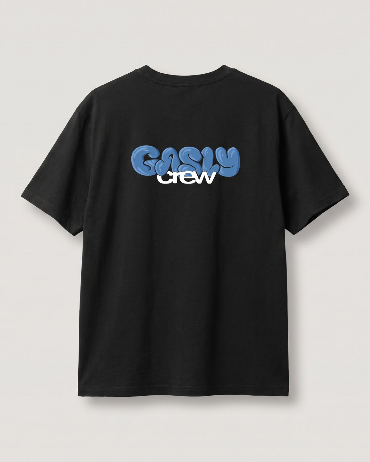 Black Gasly Crew tee, back view with the large blue bubble-letter GASLY crew print