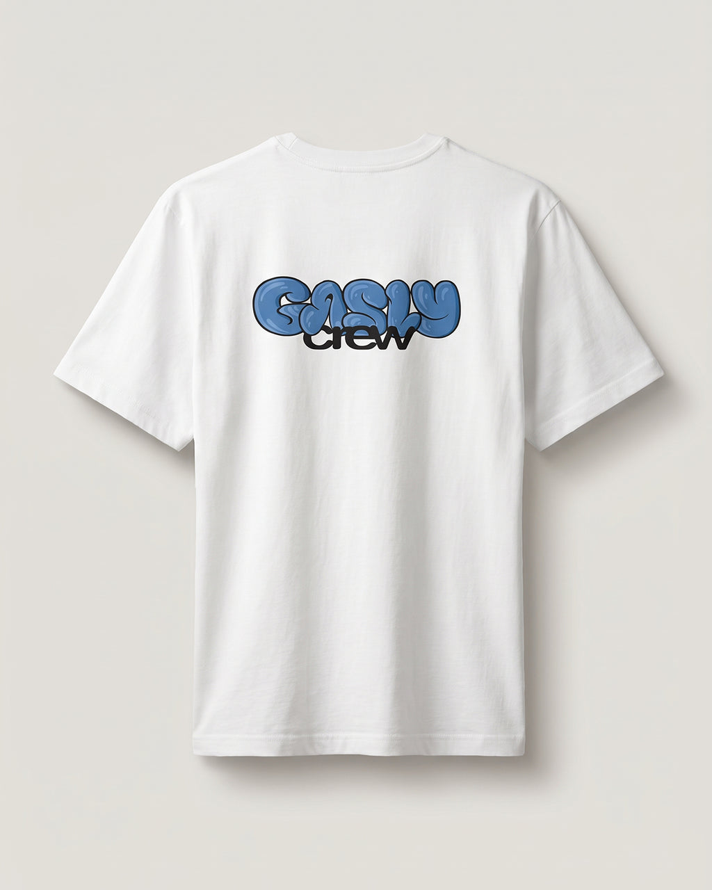 White Gasly Crew tee, back view with the large blue bubble-letter GASLY crew print