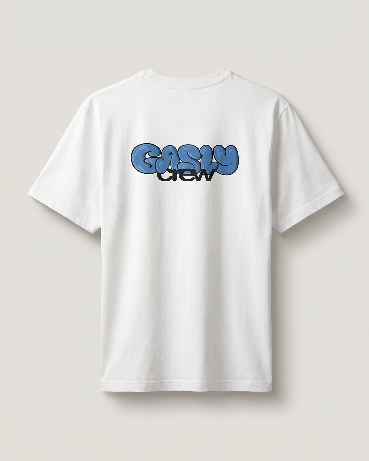 White Gasly Crew tee, back view with the large blue bubble-letter GASLY crew print