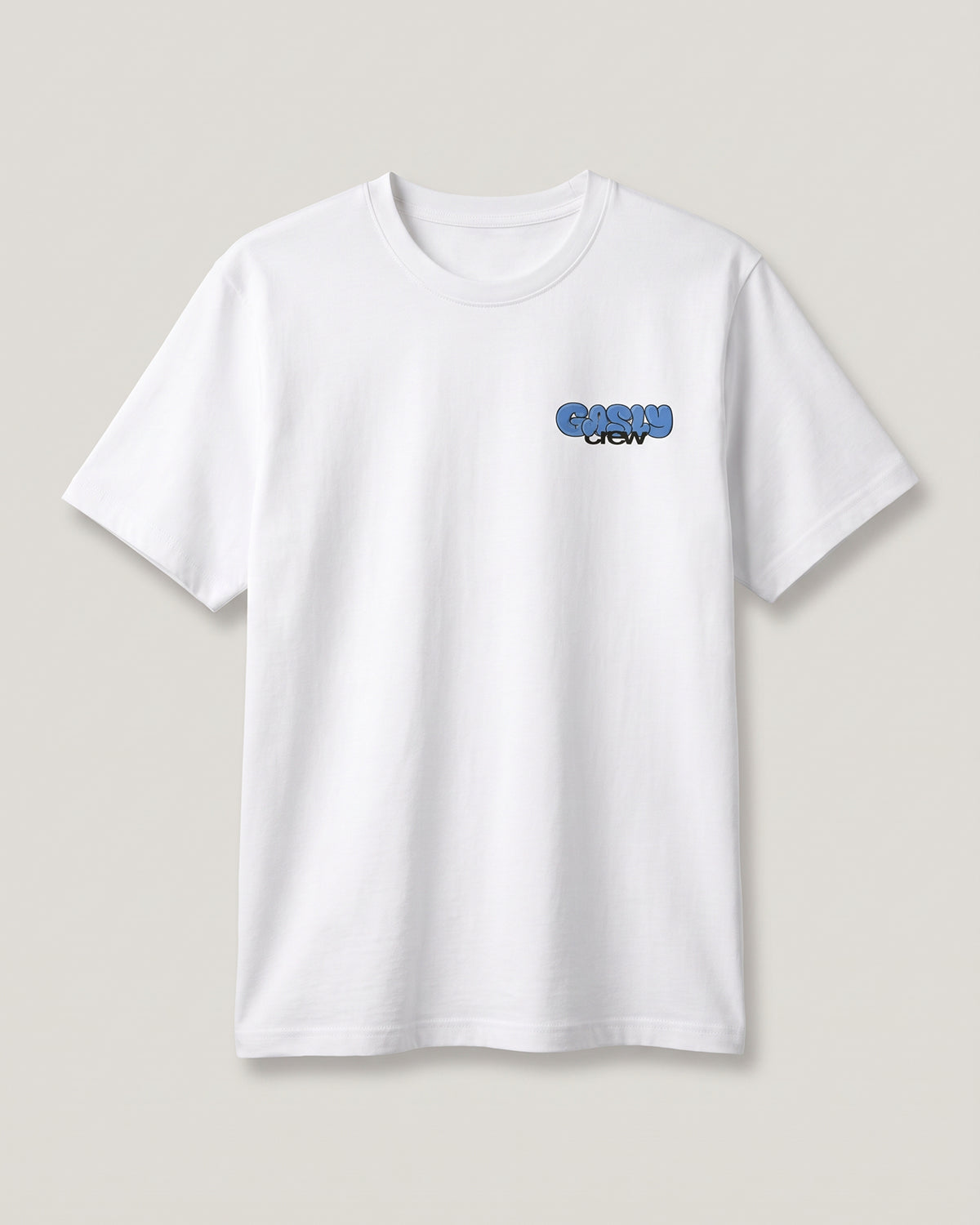 White Gasly Crew tee, front view with the small GASLY crew logo on the chest