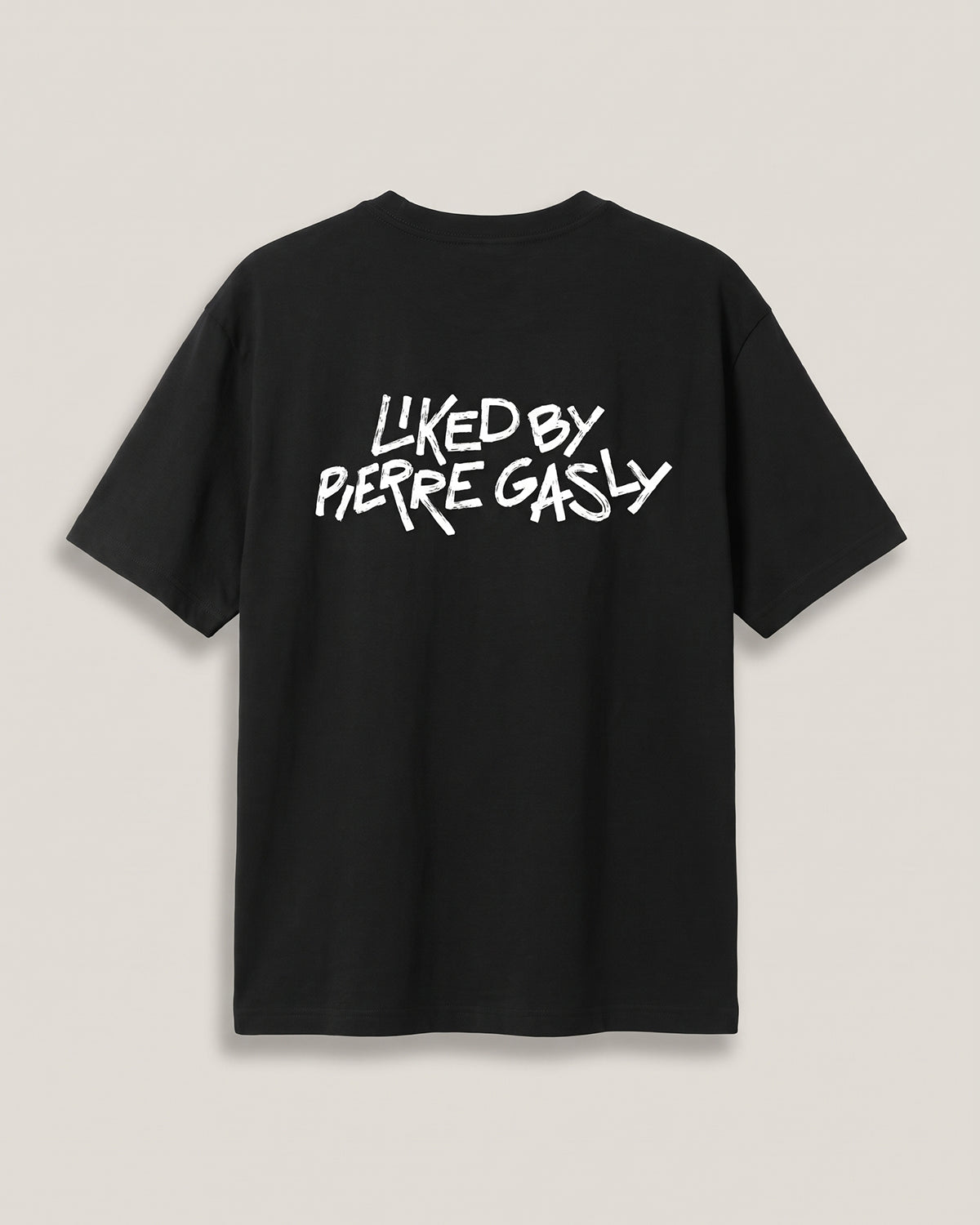Black Liked by Pierre Gasly tee, back view with LIKED BY PIERRE GASLY brush lettering