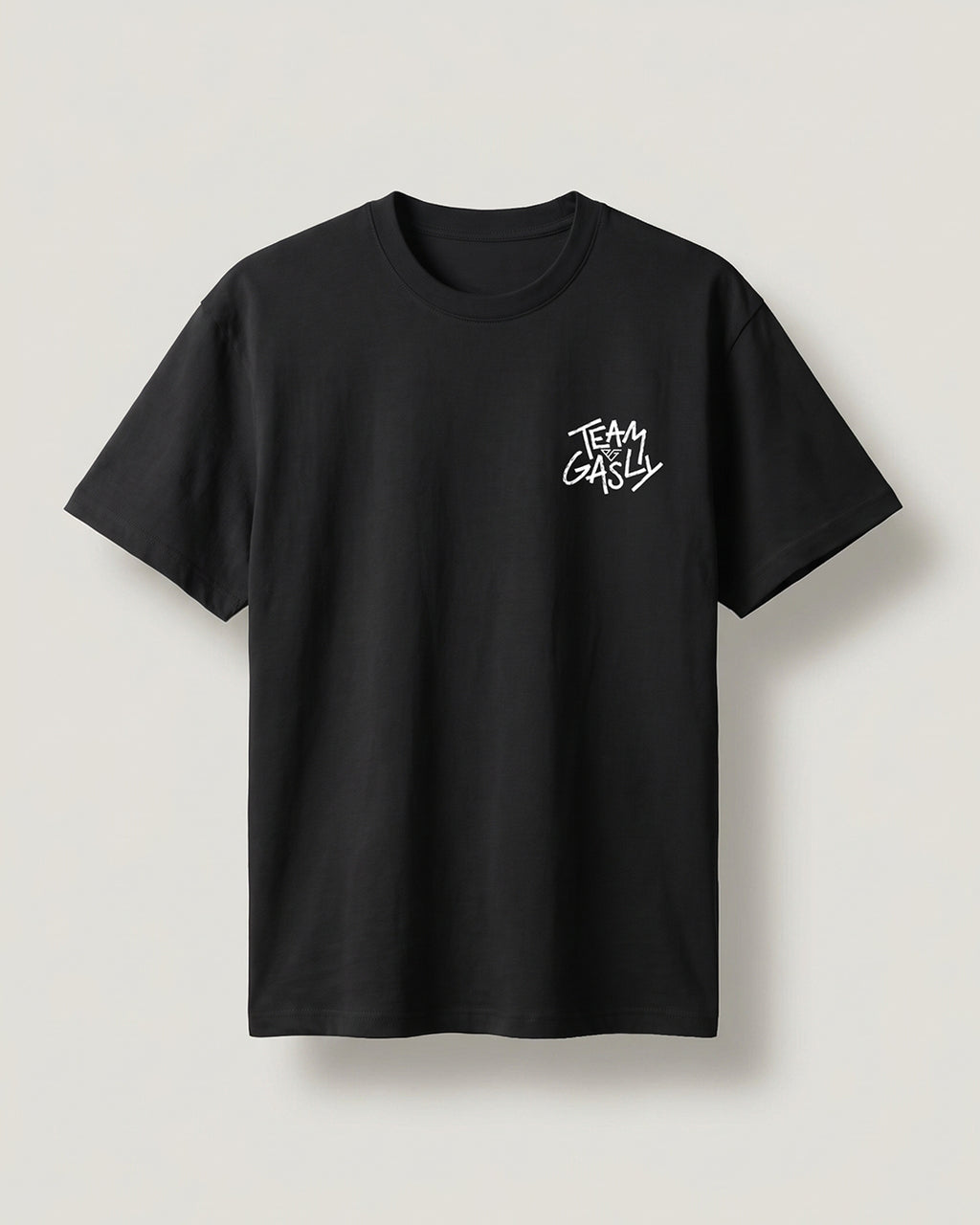 Black Liked by Pierre Gasly tee, front view with the small TEAM GASLY logo on the chest