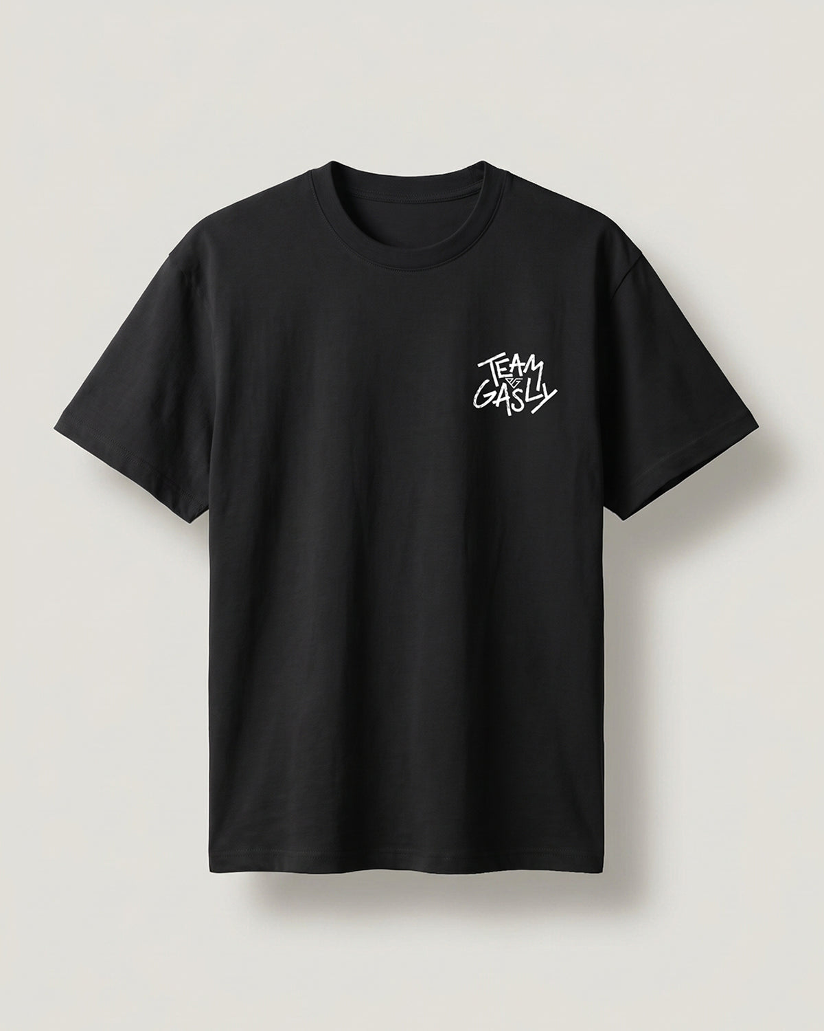Black Liked by Pierre Gasly tee, front view with the small TEAM GASLY logo on the chest