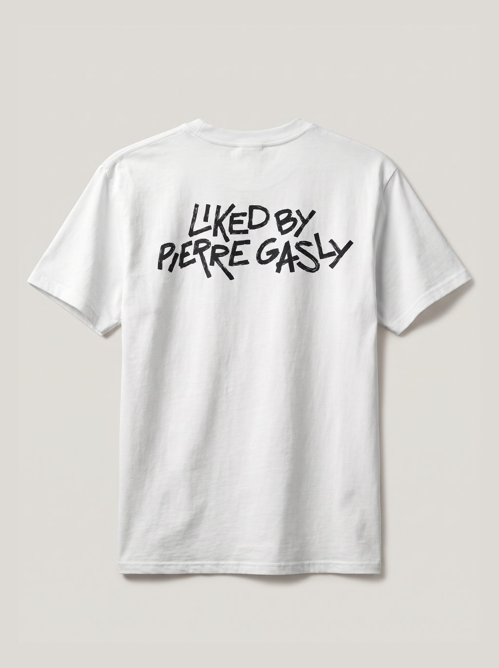 White Liked by Pierre Gasly tee, back view with LIKED BY PIERRE GASLY lettering