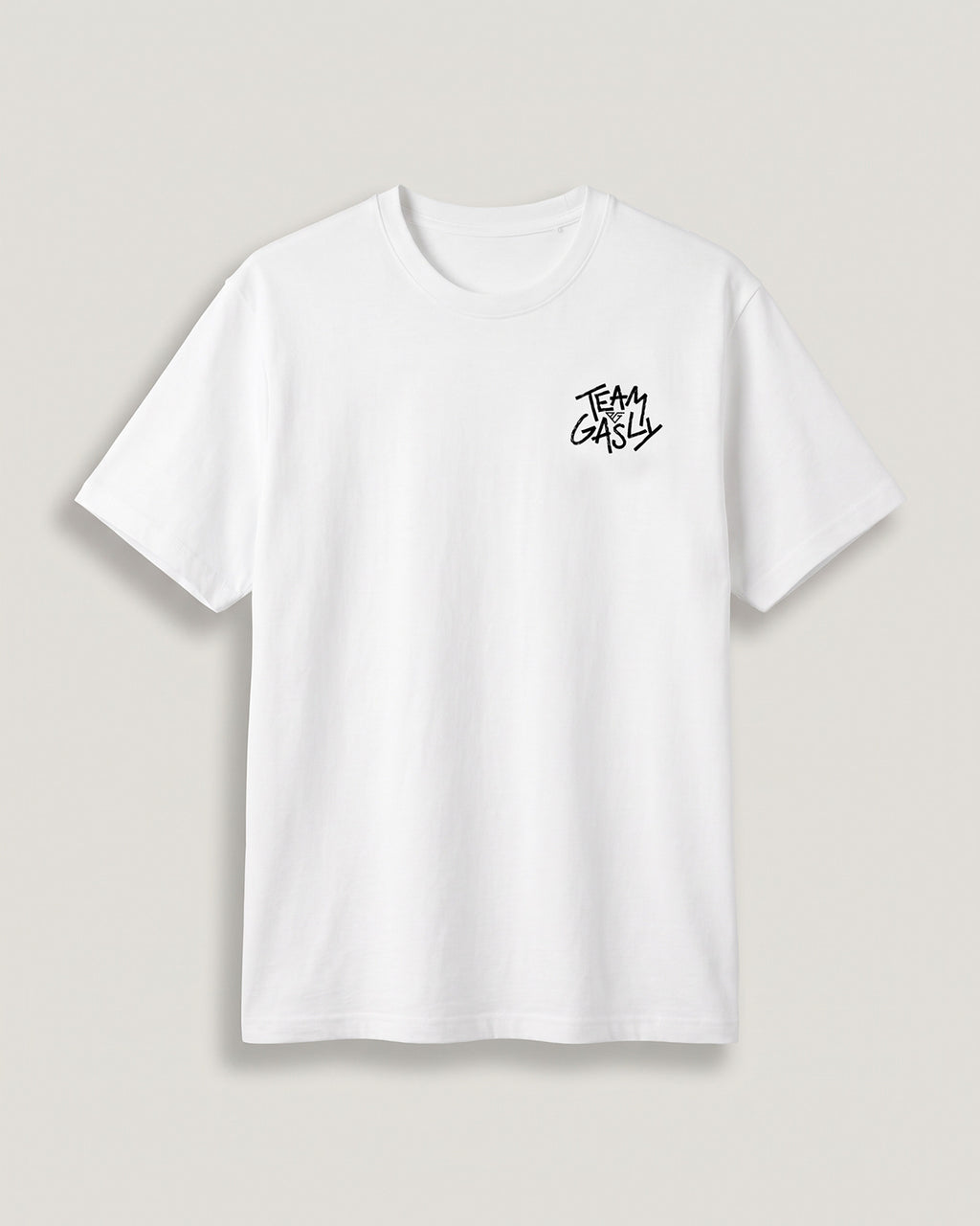 White Liked by Pierre Gasly tee, front view with the small TEAM GASLY logo on the chest