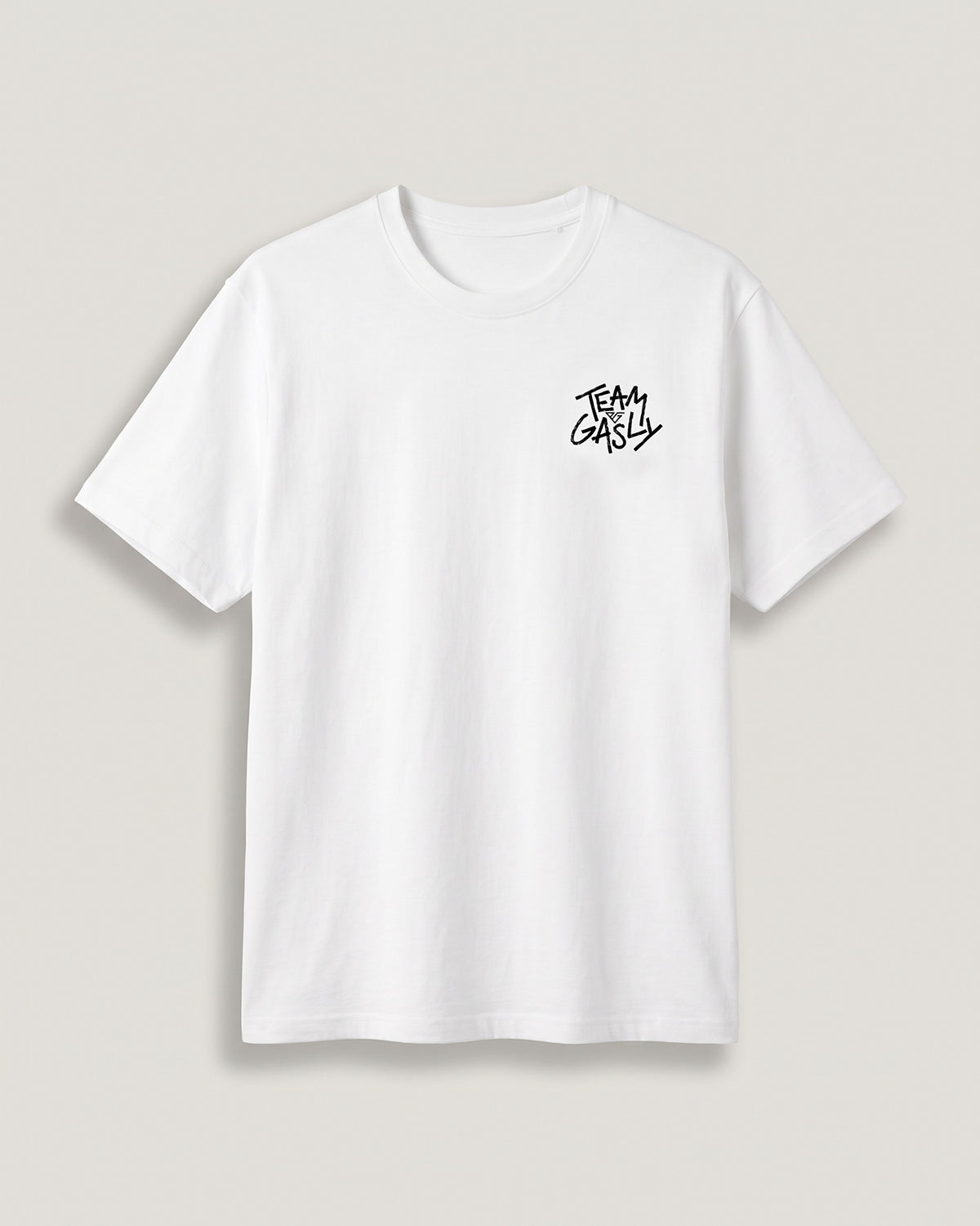 White Liked by Pierre Gasly tee, front view with the small TEAM GASLY logo on the chest