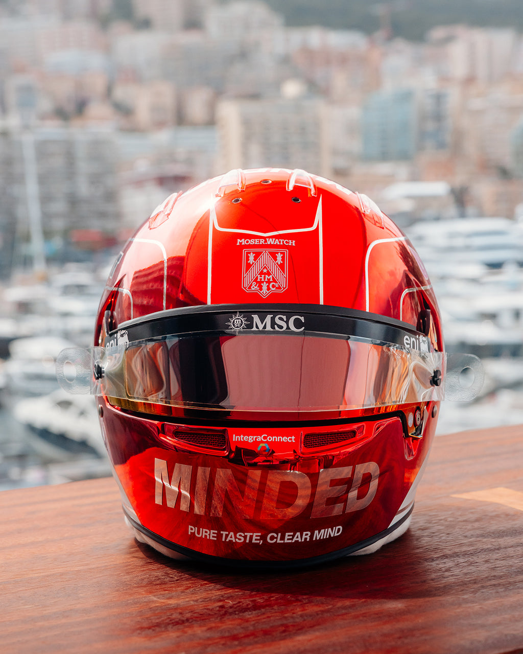 Front three-quarter view of Pierre Gasly's 2026 Monaco Grand Prix race helmet — MINDED launch livery